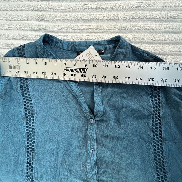 S.R. Fashion Womens Button Down Bell Sleeved Lace Inset Tunic Top XXL Blue New - Picture 5 of 7